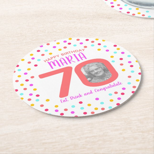 70th custom photo colourful coral confetti birthda round paper coaster (Angled)