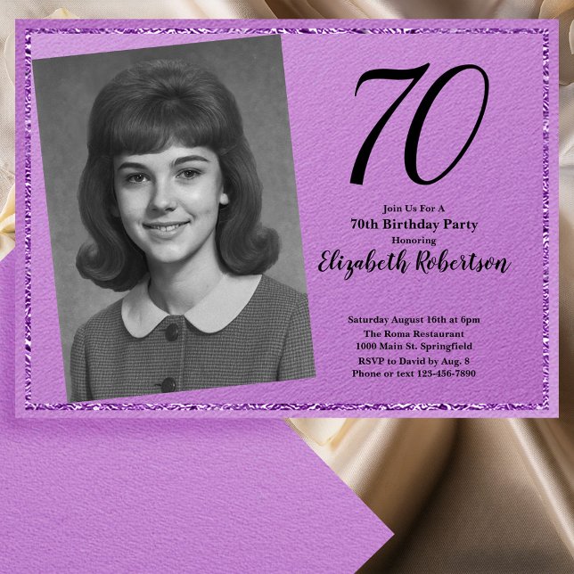 70th Custom Photo Purple and Black Invitation (Creator Uploaded)