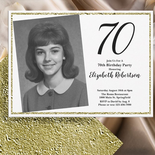 70th Custom Photo White and Gold  Invitation (Creator Uploaded)