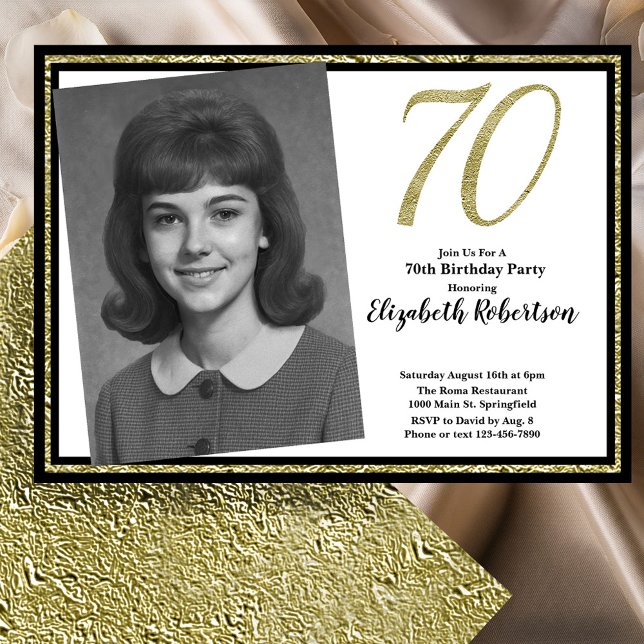 70th Custom Photo White Black and Gold  Invitation (Creator Uploaded)