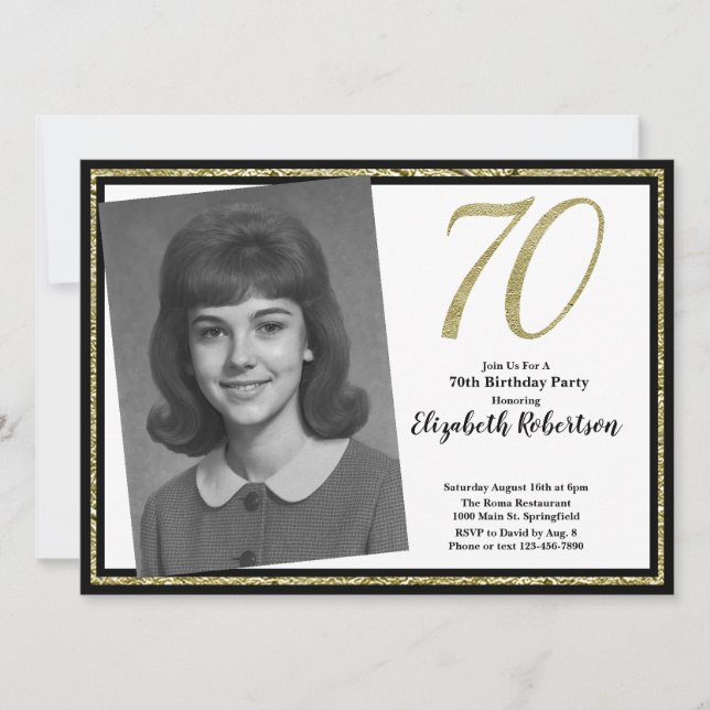 70th Custom Photo White Black and Gold  Invitation (Front)