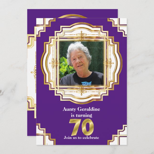 70th elegant gold purple white photo frame seventy invitation (Front/Back)