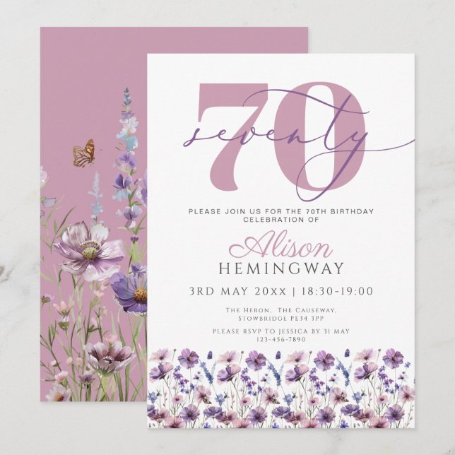 70th Feminine Purple Florals Butterfly birthday Invitation (Front/Back)