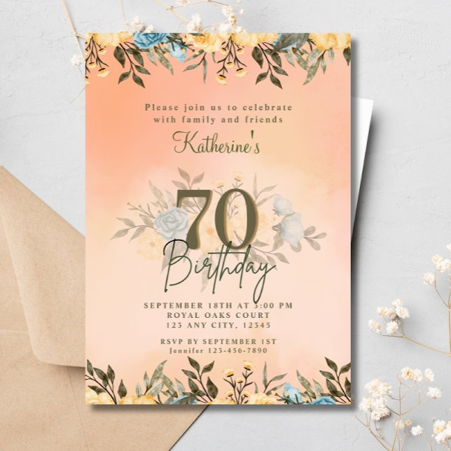70th Floral Foliage Boho Watercolor Birthday  Invitation (Creator Uploaded)