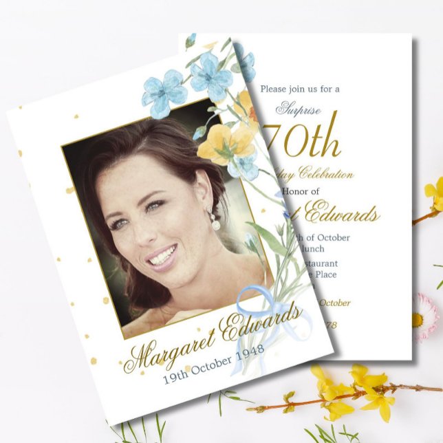 70th Floral Gold Elegant Photo Birthday Invitation (Creator Uploaded)