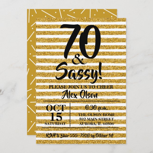 70th Gold Glitter Stripes Birthday Invitations (Front/Back)