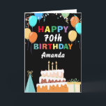 70th Happy Birthday Colourful Balloons Cake Black Card<br><div class="desc">70th Happy Birthday Colourful Balloons Cake Black with personalised name. For further customisation,  please click the "Customise it" button and use our design tool to modify this template.</div>