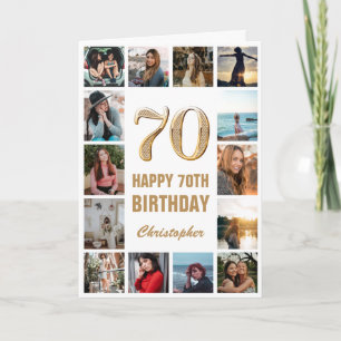 70th Happy Birthday Gold and White Photo Collage Card