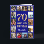 70th Happy Birthday Navy Blue & Gold Photo Collage Card<br><div class="desc">70th Happy Birthday Navy Blue and Gold Photo Collage Birthday Card. For further customisation,  please click the "Customise it" button and use our design tool to modify this template.</div>