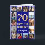 70th Happy Birthday Navy Blue & Gold Photo Collage Card<br><div class="desc">70th Happy Birthday Navy Blue and Gold Photo Collage Birthday Card. For further customisation,  please click the "Customise it" button and use our design tool to modify this template.</div>