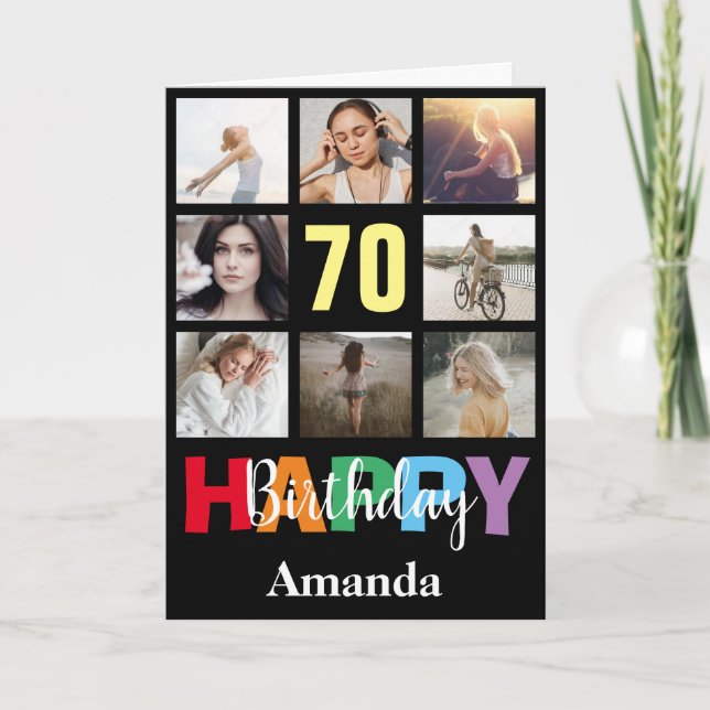 70th Happy Birthday Photo Collage Modern Black Card (Front)