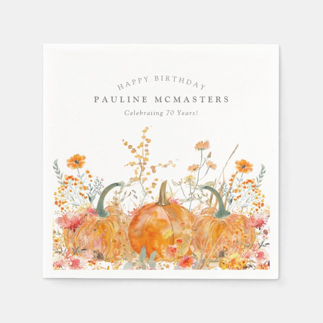 70th Happy Birthday Pumpkin Wildflower Custom Napkin (Front)