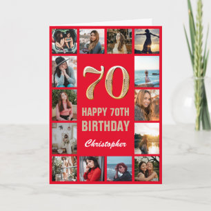 70th Happy Birthday Red and Gold Photo Collage Card