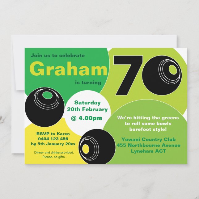 70th Lawn Bowls Barefoot Bowling Birthday Invitation (Front)