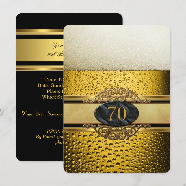 70th Mans Beer Black Gold Birthday Party Invitation (Front/Back)