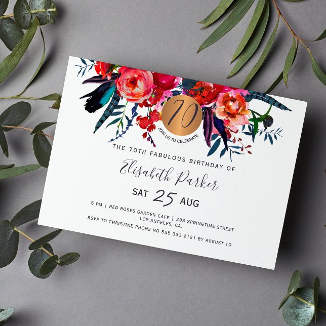 70th Modern boho floral watercolor birthday party Invitation (Creator Uploaded)
