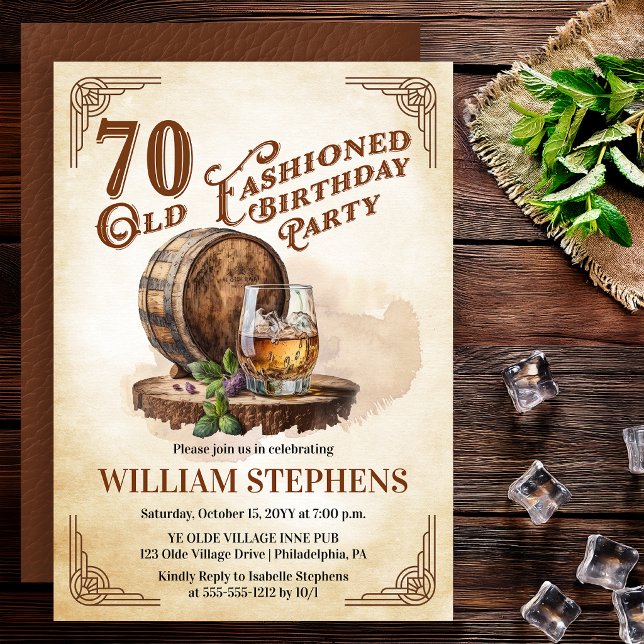 70th Old Fashioned Whiskey Barrel Birthday Party Invitation (Old Fashioned whiskey barrel 70th birthday invitation vintage masculine style)