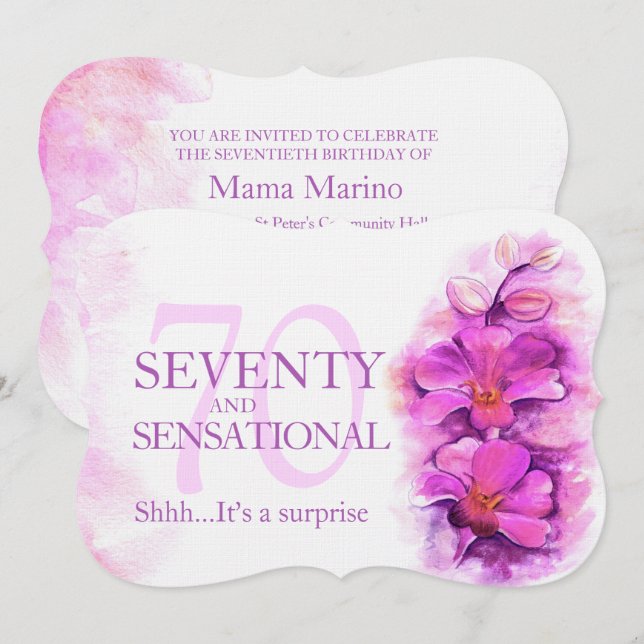 70th Orchid watercolor purple 70 and sensational Invitation (Front/Back)
