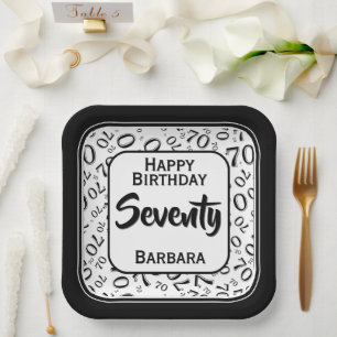 70th Party Random Number Pattern Black/White Paper Plate