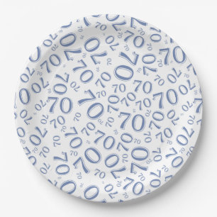 70th Party Random Number Pattern Blue/White Paper Plate