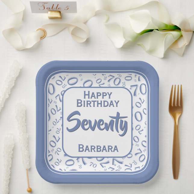 70th Party Random Number Pattern Blue/White Paper Plate (Wedding)