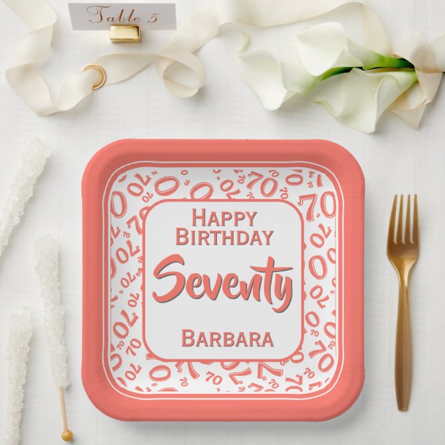 70th Party Random Number Pattern Coral/White Paper Plate (Wedding)