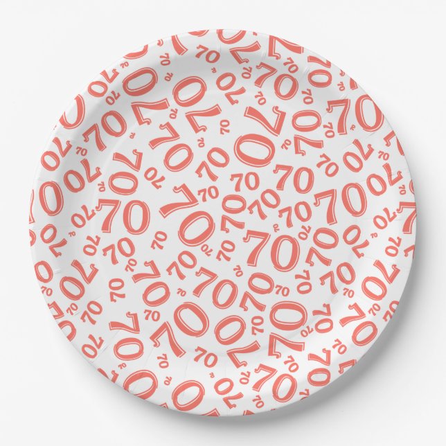 70th Party Random Number Pattern Coral/White Paper Plate (Front)