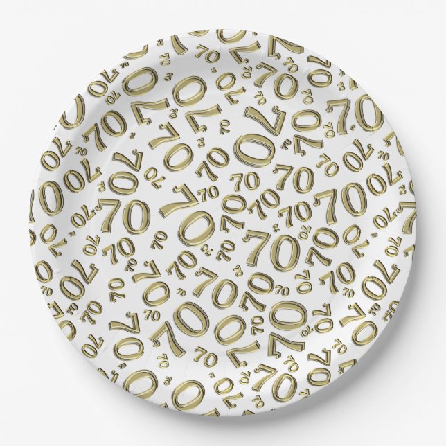70th Party Random Number Pattern Gold/White Paper Plate (Front)