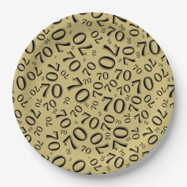 70th Party Random Number Pattern Gold/White Paper Plate (Front)