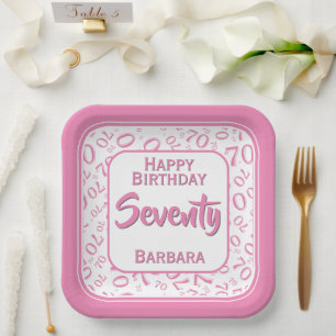 70th Party Random Number Pattern Pink/White Paper Plate