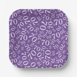 70th Party Random Number Pattern Purple/White Paper Plate