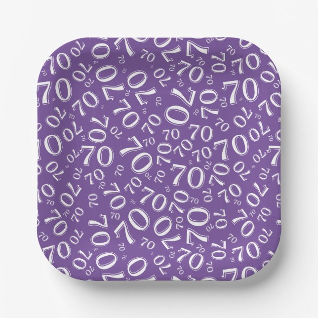 70th Party Random Number Pattern Purple/White Paper Plate (Front)