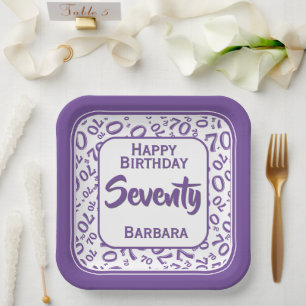 70th Party Random Number Pattern Purple/White Paper Plate