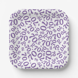 70th Party Random Number Pattern Purple/White Paper Plate