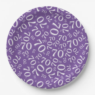 70th Party Random Number Pattern Purple/White Paper Plate