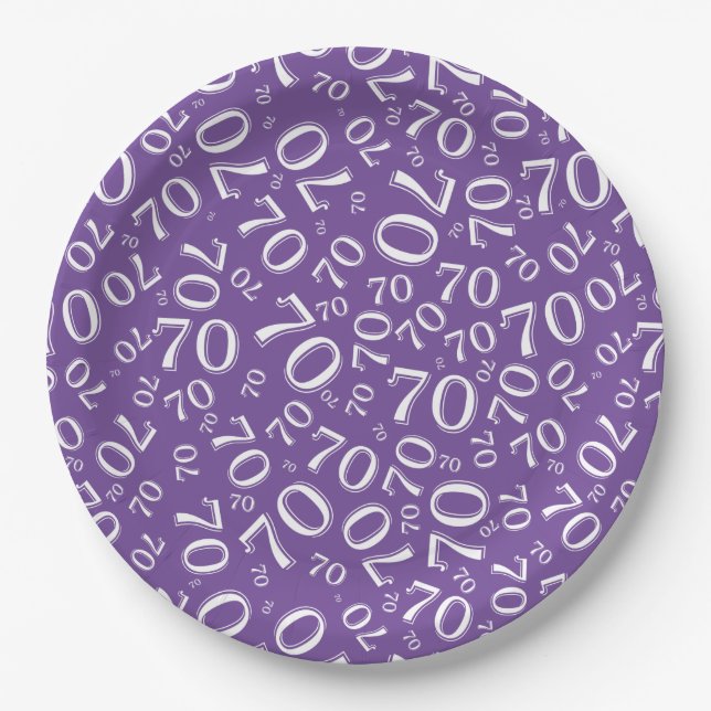 70th Party Random Number Pattern Purple/White Paper Plate (Front)