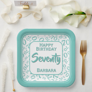 70th Party Random Number Pattern Teal/White Paper Plate