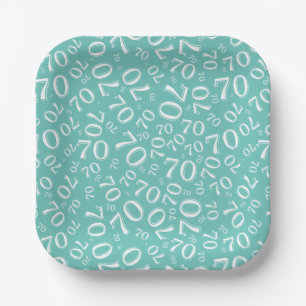 70th Party Random Number Pattern Teal/White Paper Plate