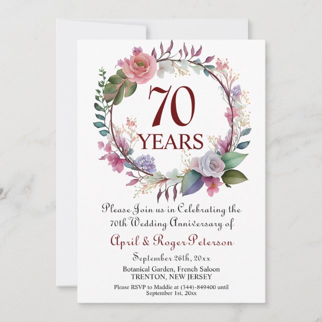 70th Platinum Wedding Anniversary Floral Invitation (Front)