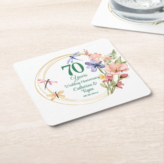 70th Platinum Wedding Anniversary Gold Frame  Square Paper Coaster (Angled)