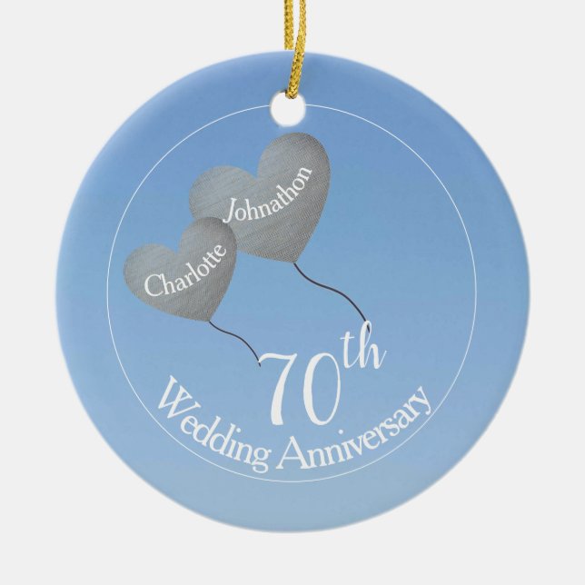 70th Platinum Wedding Anniversary heart balloons Ceramic Tree Decoration (Front)