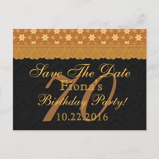 70th Save the Date Birthday Gold Black Lace Announcement Postcard (Front)