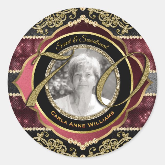 70th Seventieth Gold Ruby Diamonds Photo Frame Classic Round Sticker (Front)