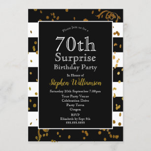 70th Surprise Birthday Party  Black and Gold Invitation
