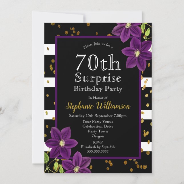 70th Surprise Birthday Party  Black and Gold Invitation (Front)