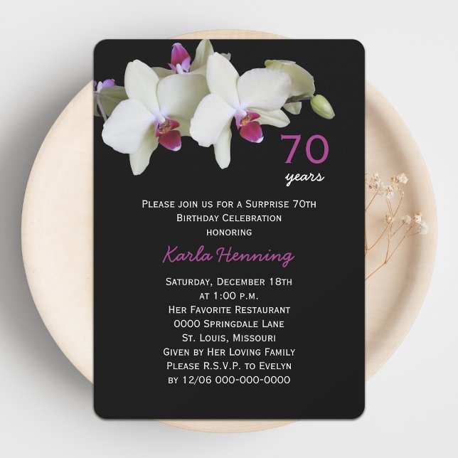70th Surprise Birthday Party Orchid on Black Invitation (Creator Uploaded)