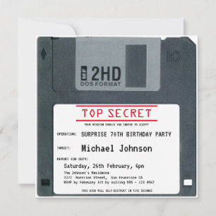 70th Surprise Birthday Party Top Secret 80s Disc Invitation