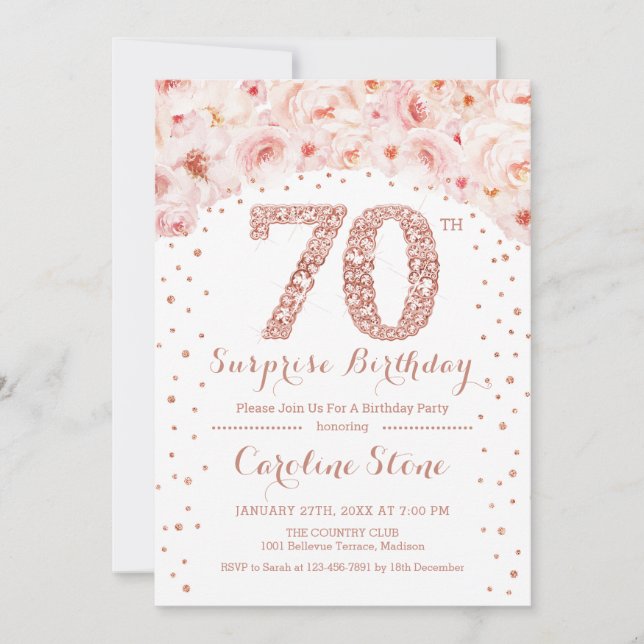 70th Surprise Birthday Party - White Rose Gold Invitation (Front)