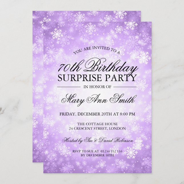 70th Surprise Birthday Purple Winter Wonderland Invitation (Front/Back)
