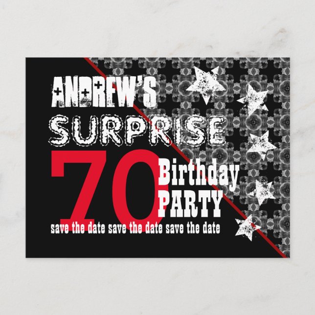 70th Surprise Birthday Save the Date Diagonal W71 Announcement Postcard (Front)